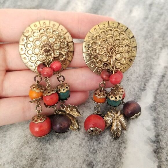 Vintage Jewelry - Vintage Funky Colorful Beaded Dangle Post Earrings, Boho Artsy Style, Estate